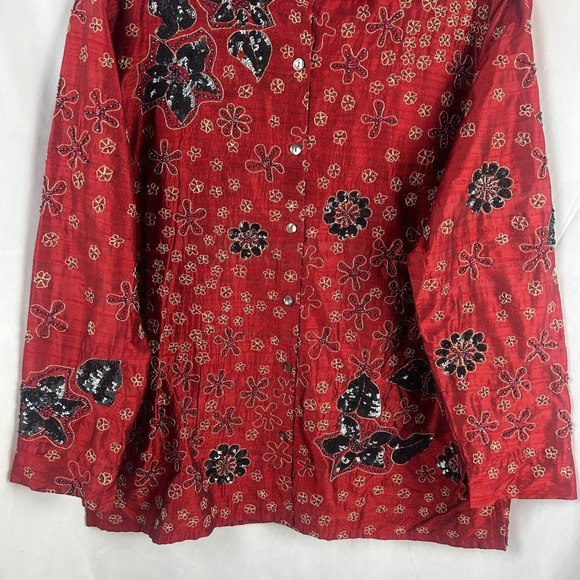 Chico's Silk Beaded Sequin Floral Blouse Shirt Red Size 3  XL Anniversary Collec - Picture 5 of 9